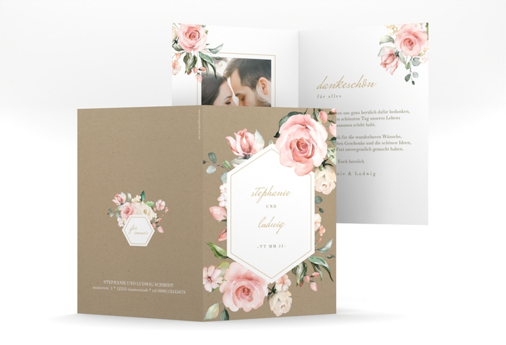 Danksagungskarte Hochzeit Graceful A6 Klappkarte hoch Kraftpapier mit Rosenblüten in Rosa und Weiß