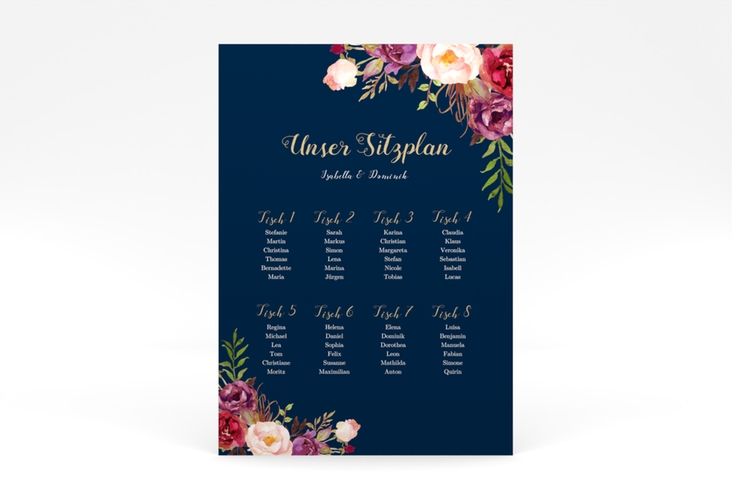 Sitzplan Poster Hochzeit Flowers 50 x 70 cm Poster blau mit bunten Aquarell-Blumen