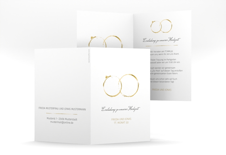 Einladungskarte Hochzeit Trauringe A6 Klappkarte hoch gold minimalistisch gestaltet mit zwei Eheringen