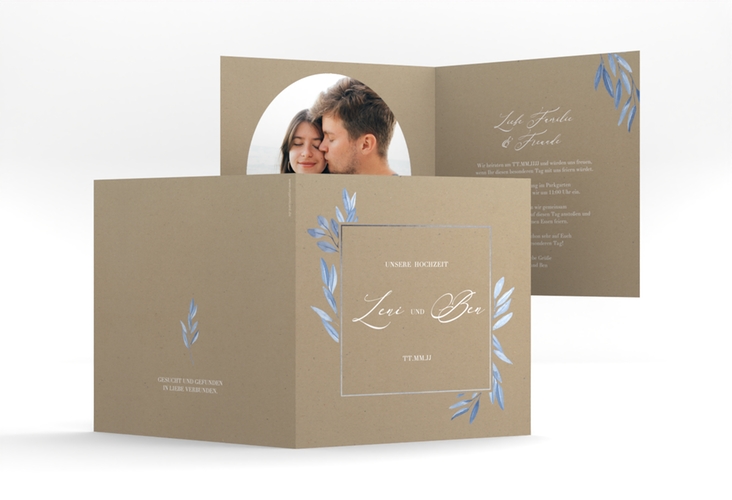 Hochzeitseinladung Classicblue quadr. Klappkarte Kraftpapier