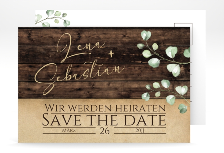 Save the Date-Postkarte Landhaus A6 Postkarte braun in Holz-Optik mit Eukalyptus