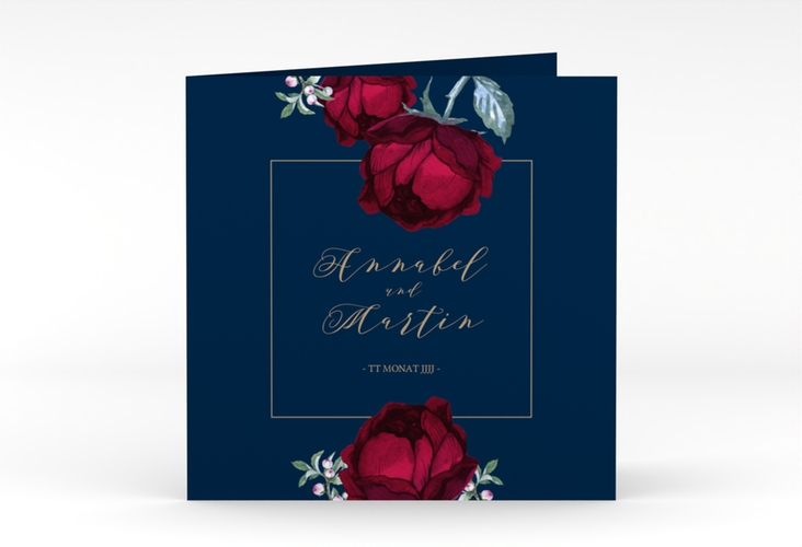 Hochzeitseinladung Peonies quadr. Klappkarte blau elegant mit Pfingstrosen