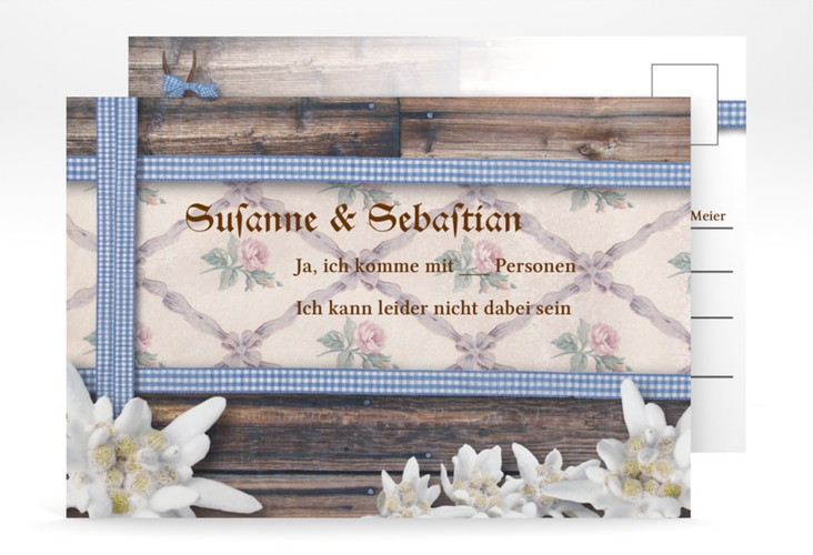 Antwortkarte Hochzeit Bayern A6 Postkarte hochglanz mit Edelweiß in rustikaler Holz-Optik