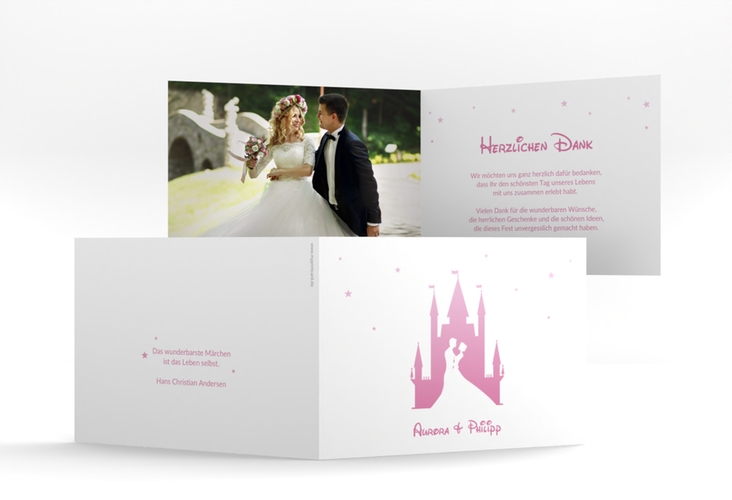 Danksagungskarte Hochzeit Castle A6 Klappkarte quer rosa hochglanz