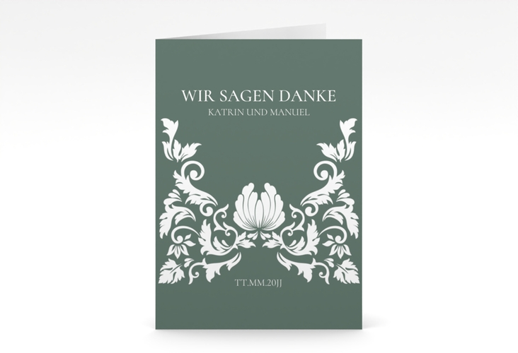 Danksagungskarte Hochzeit Royal A6 Klappkarte hoch gruen hochglanz mit barockem Blumen-Ornament