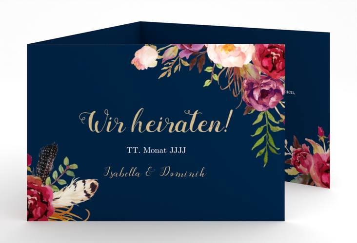 Hochzeitseinladung Flowers A6 Doppel-Klappkarte blau mit bunten Aquarell-Blumen