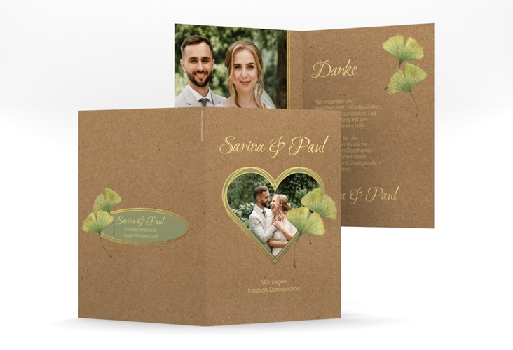 Danksagungskarte Hochzeit Ginko A6 Klappkarte hoch Kraftpapier mit Herz und zwei Ginkgo-Blättern