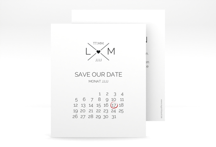 Save the Date-Kalenderblatt Initials Kalenderblatt-Karte schwarz mit Initialen im minimalistischen Design