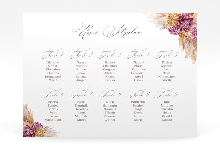 Sitzplan Poster Hochzeit Pampas 70 x 50 cm Poster