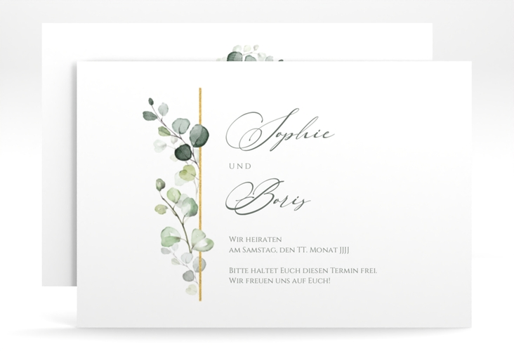 Save the Date-Karte Adelya A6 Karte quer weiss elegant mit Eukalyptus-Motiv