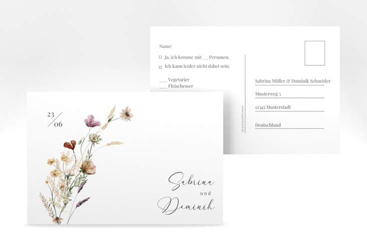 Antwortkarte Hochzeit Sauvages A6 Postkarte weiss mit getrockneten Wiesenblumen