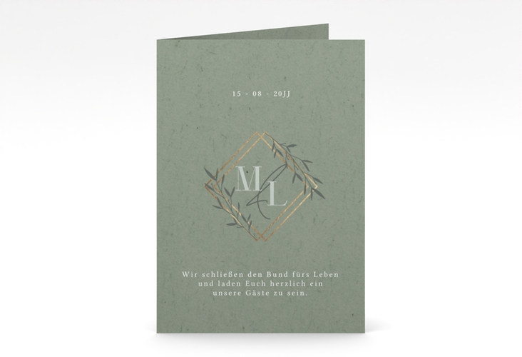 Hochzeitseinladung Greenletter A6 Klappkarte hoch gruen hochglanz mit Initialen in elegantem Goldrahmen mit Blättern