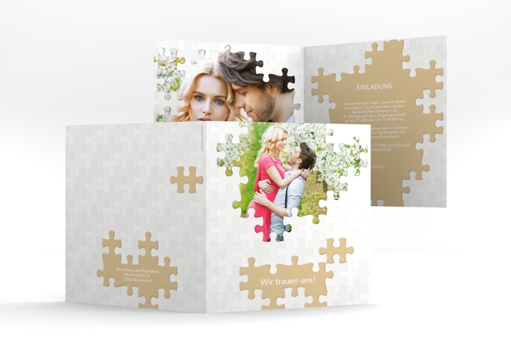 Hochzeitseinladung Puzzle quadr. Klappkarte beige