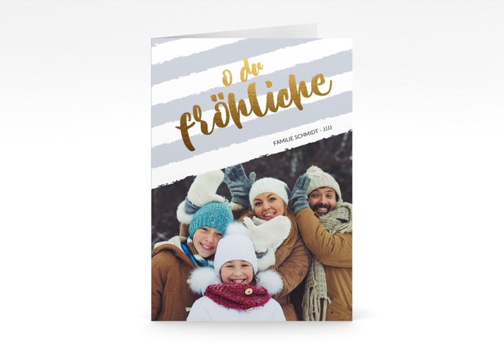 Weihnachtskarte Weihnachtslied A6 Klappkarte hoch blau hochglanz gestreift mit Familienfoto