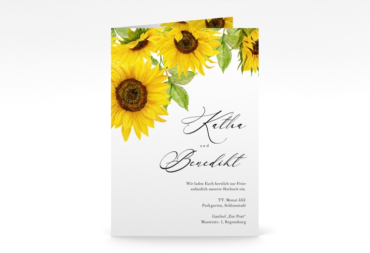 Einladungskarte Hochzeit Sonnenblume A6 Klappkarte hoch weiss mit Blüten in Gelb