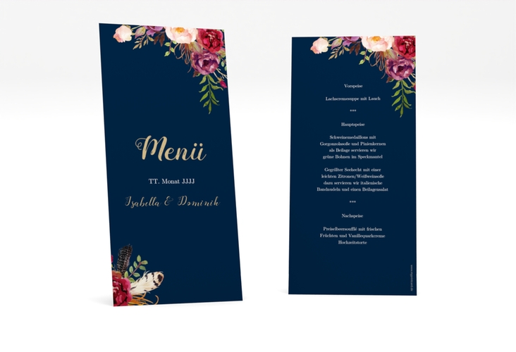 Menükarte Hochzeit Flowers lange Karte hoch blau mit bunten Aquarell-Blumen