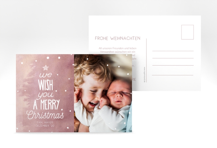 Weihnachtskarte Schneeglitzern A6 Postkarte rot hochglanz mit Aquarellfarbe und Kinderfoto