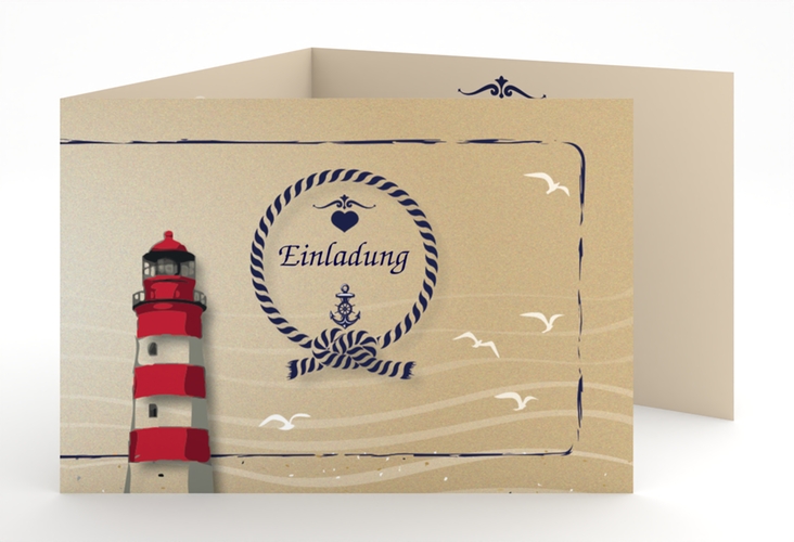 Hochzeitseinladung Sylt A6 Doppel-Klappkarte braun mit Leuchtturm