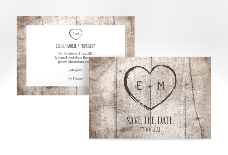 Save the Date-Karte Wood A6 Karte quer weiss in Holz-Optik mit Herz und Initialen