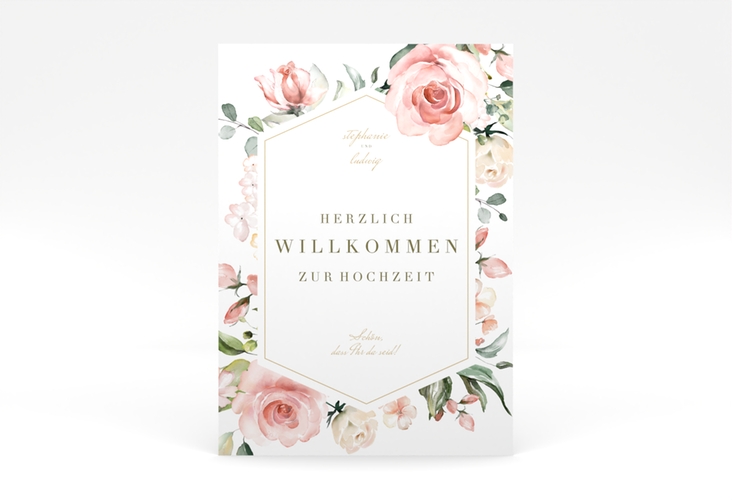 Willkommensschild Poster Graceful 50 x 70 cm Poster weiss mit Rosenblüten in Rosa und Weiß