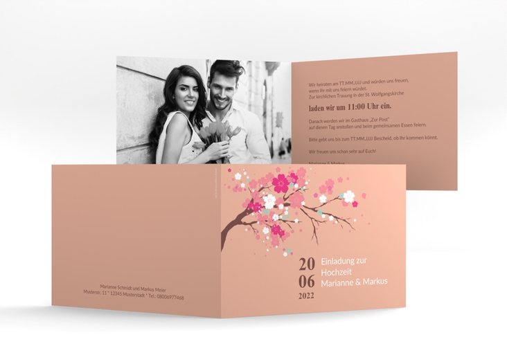 Hochzeitseinladung Sakura A6 Klappkarte quer apricot