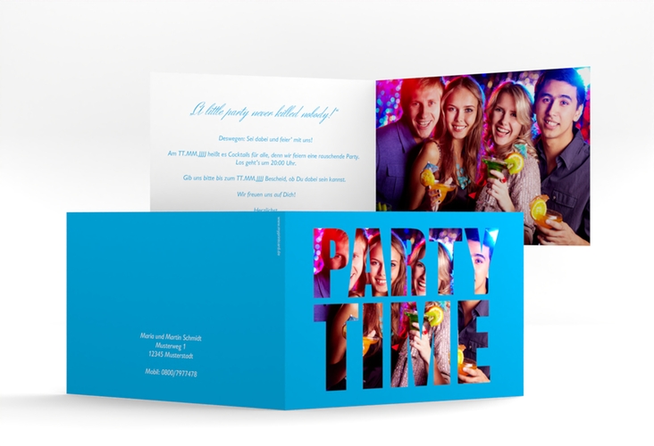 Partyeinladung Partytime A6 Klappkarte quer blau mit Foto