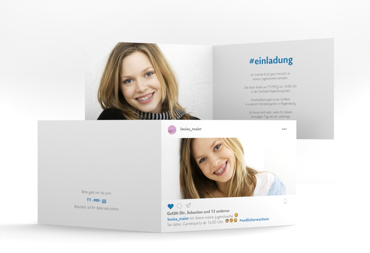 Einladung Jugendweihe Cool A6 Klappkarte quer im Social-Media-Design