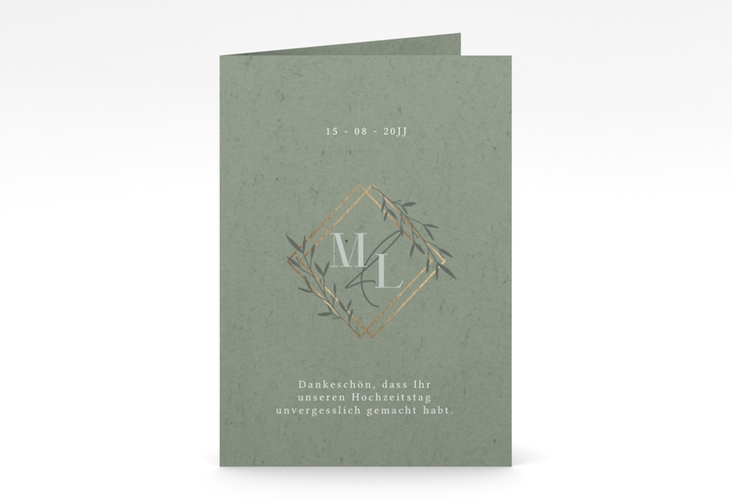 Danksagungskarte Hochzeit Greenletter A6 Klappkarte hoch mit Initialen in elegantem Goldrahmen mit Blättern