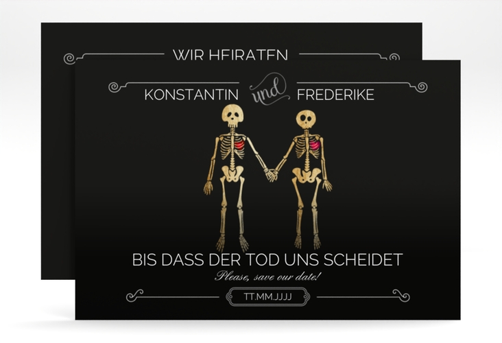 Save the Date-Karte Bones A6 Karte quer lustig mit Skelett-Brautpaar