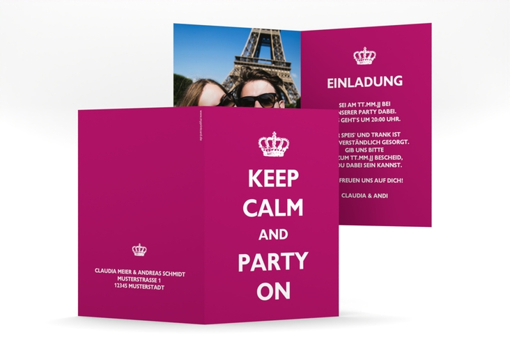 Partyeinladung Statement A6 Klappkarte hoch pink mit Keep-Calm-Spruch