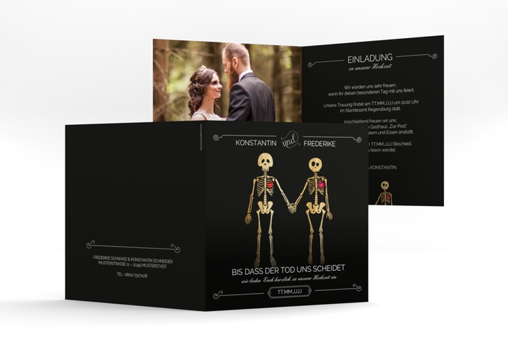 Hochzeitseinladung Bones quadr. Klappkarte schwarz