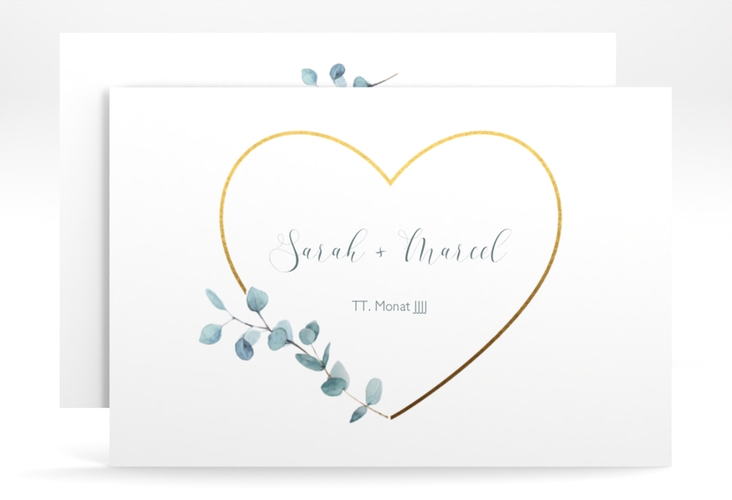 Save the Date-Karte Greenheart A6 Karte quer gold mit elegantem Herz und Eukalyptus-Zweig