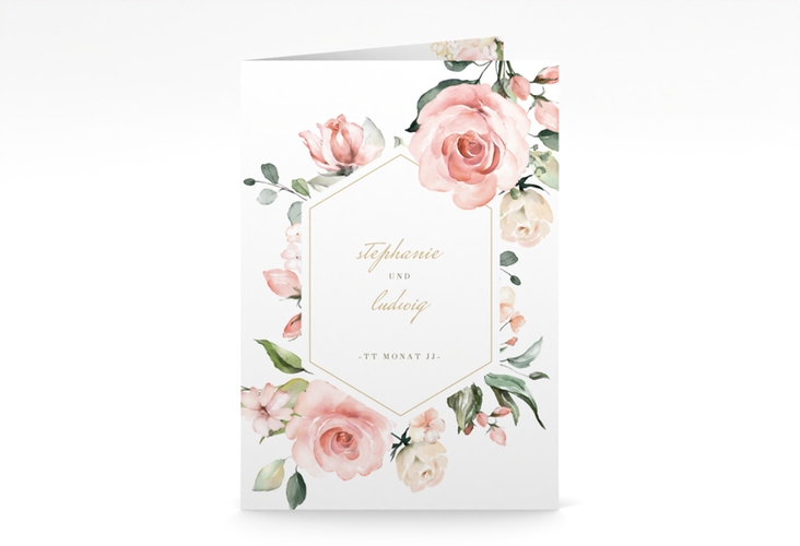 Menükarte Hochzeit Graceful A5 Klappkarte hoch weiss hochglanz mit Rosenblüten in Rosa und Weiß