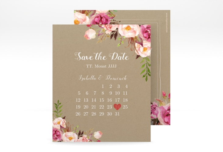 Save the Date-Kalenderblatt Flowers Kalenderblatt-Karte Kraftpapier mit bunten Aquarell-Blumen