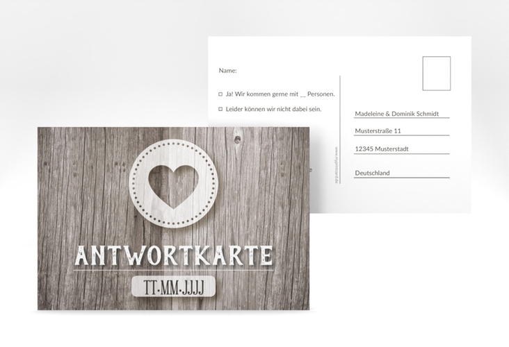 Antwortkarte Hochzeit Flair A6 Postkarte grau in rustikaler Holz-Optik mit Herz