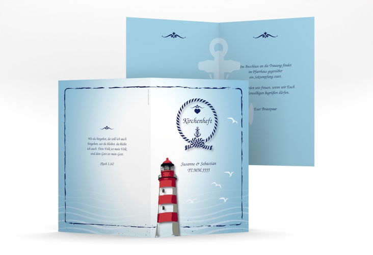 Kirchenheft Hochzeit Sylt A5 Klappkarte hoch blau mit Leuchtturm