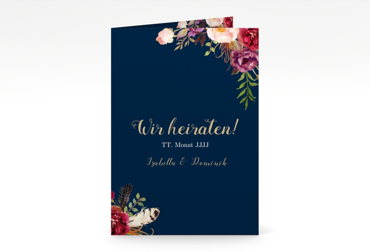 Einladungskarte Hochzeit Flowers A6 Klappkarte hoch blau mit bunten Aquarell-Blumen