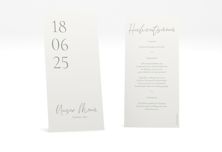 Menükarte Hochzeit Day lange Karte hoch weiss mit Datum im minimalistischen Design