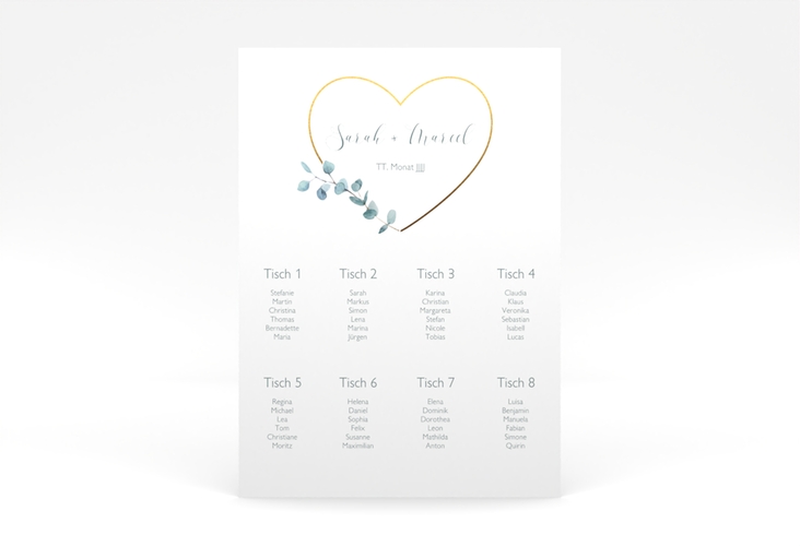 Sitzplan Poster Hochzeit Greenheart 50 x 70 cm Poster mit elegantem Herz und Eukalyptus-Zweig