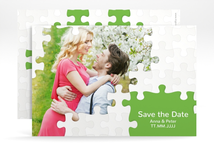 Save the Date-Karte Hochzeit Puzzle A6 Karte quer gruen hochglanz