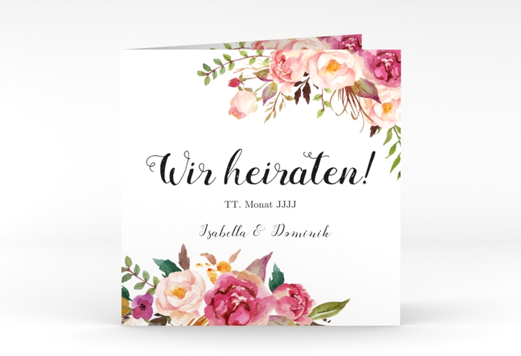 Hochzeitseinladung Flowers quadr. Klappkarte weiss mit bunten Aquarell-Blumen