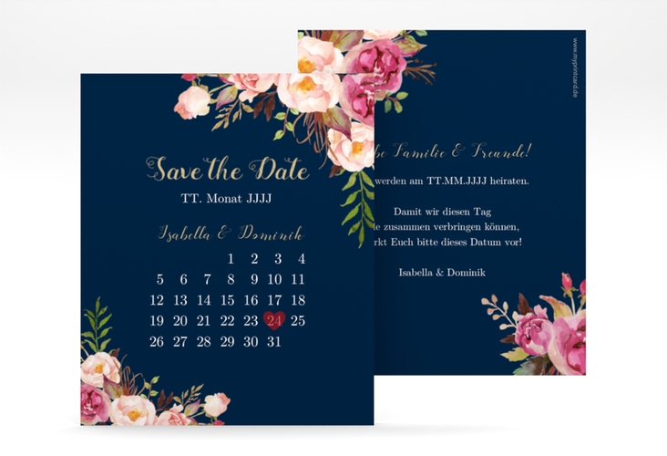 Save the Date-Kalenderblatt Flowers Kalenderblatt-Karte blau hochglanz mit bunten Aquarell-Blumen