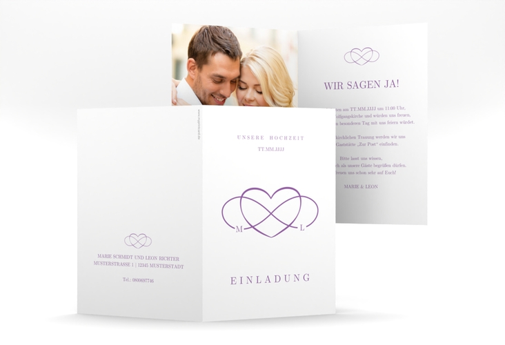 Einladungskarte Hochzeit Infinity A6 Klappkarte hoch lila hochglanz