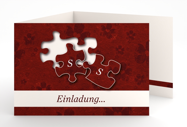 Hochzeitseinladung Ravensburg A6 Doppel-Klappkarte rot mit zwei Puzzleteilen