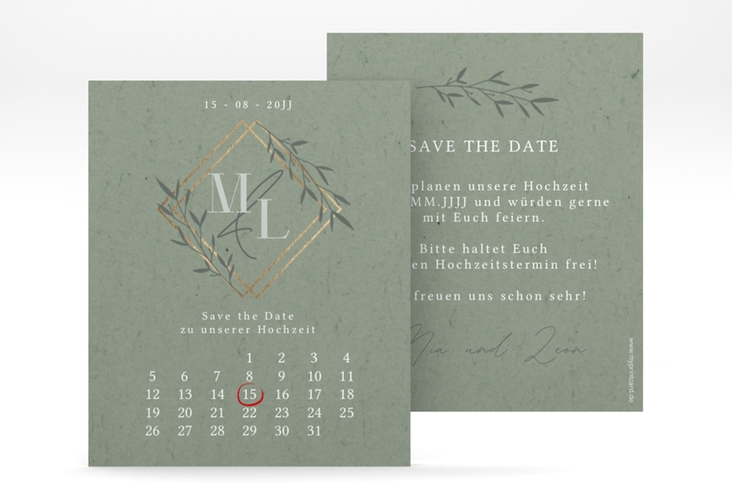 Save the Date-Kalenderblatt Greenletter Kalenderblatt-Karte hochglanz mit Initialen in elegantem Goldrahmen mit Blättern