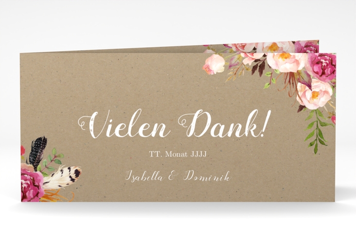 Danksagungskarte Hochzeit Flowers lange Klappkarte quer Kraftpapier mit bunten Aquarell-Blumen