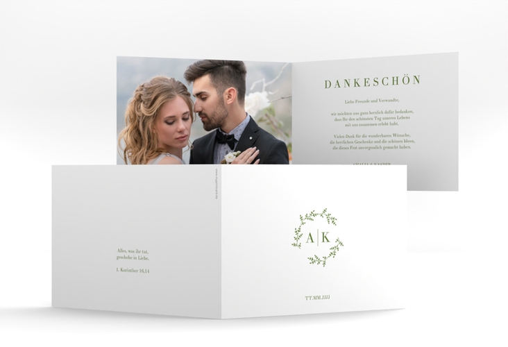 Dankeskarte Hochzeit Filigrana A6 Klappkarte quer gruen in reduziertem Design mit Initialen und zartem Blätterkranz