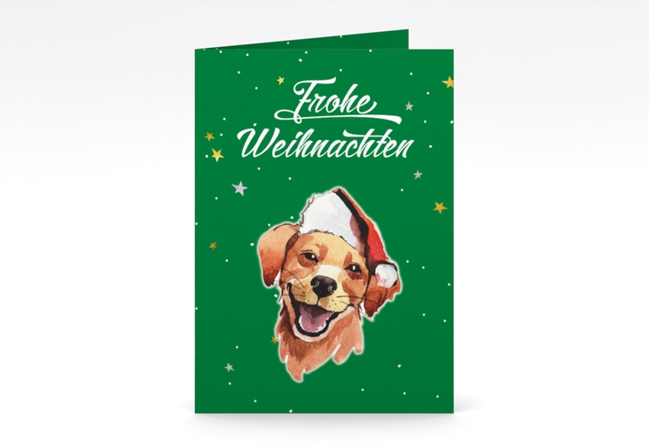 Weihnachtskarte Frosty A6 Klappkarte hoch gruen hochglanz mit Hund mit Nikolausmütze