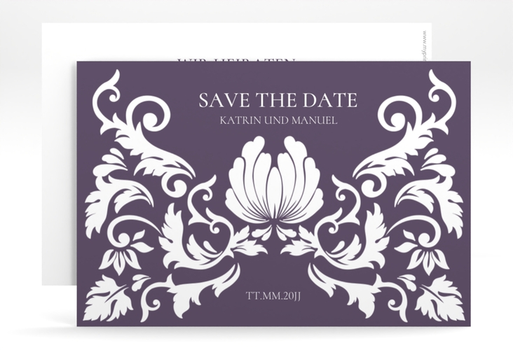 Save the Date-Karte Royal A6 Karte quer lila hochglanz mit barockem Blumen-Ornament