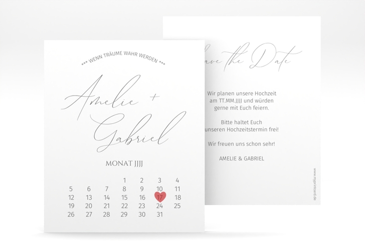 Save the Date-Kalenderblatt Federschrift Kalenderblatt-Karte weiss in schlichtem Design mit Kalligrafie